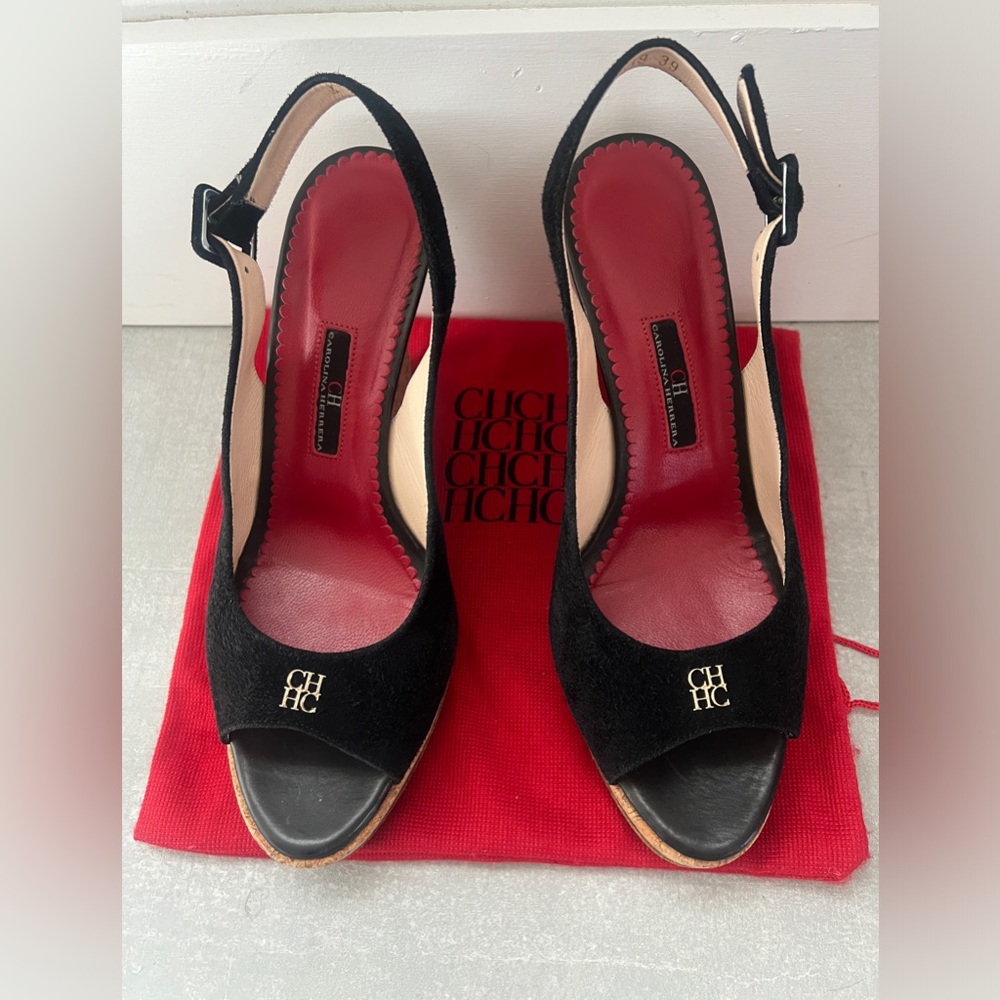 AUTHENTIC. Carolina Herrera BLACK SUEDE Wedge 100mm Ankle Strap Sling-back. - Picture 7 of 14